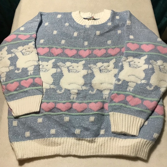 rose Sweaters - Vintage Rose USA 3D knit sweater dancing pigs pink hearts silver metallic thread